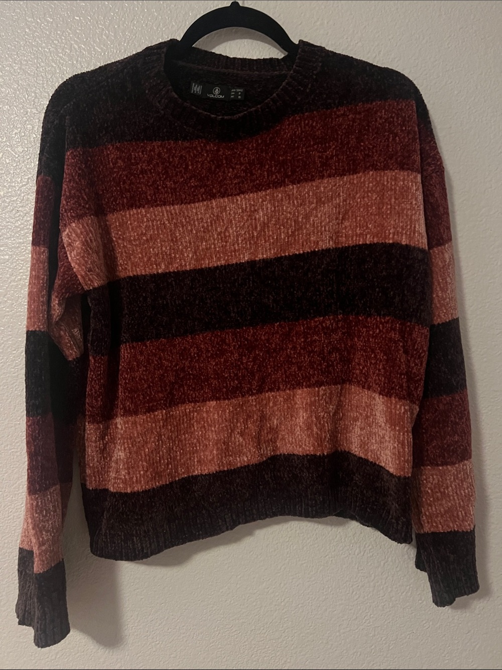 Volcom Striped Chenille Crewneck Sweater in Rose and Dark Brown